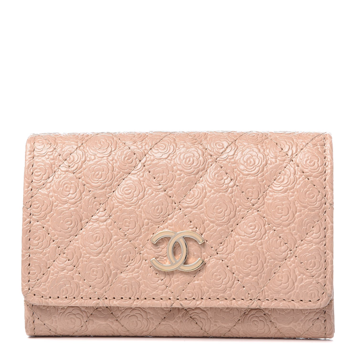 Chanel Camellia Calfskin Embossed Quilted Flap Card Holder Beige 1 of 8