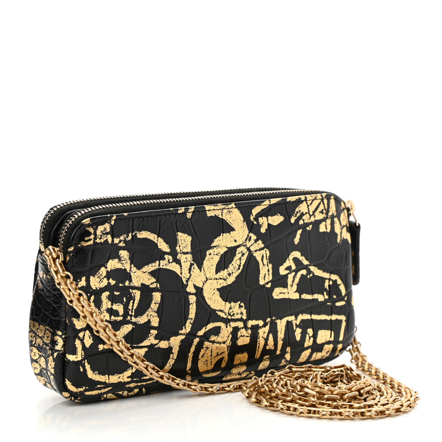 Calfskin Crocodile Embossed Graffiti 2.55 Cocodile Reissue Clutch With Chain Black Gold