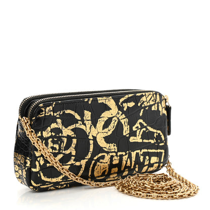 Chanel Calfskin Crocodile Embossed Graffiti 2.55 Cocodile Reissue Clutch With Chain Black Gold 3 of 10