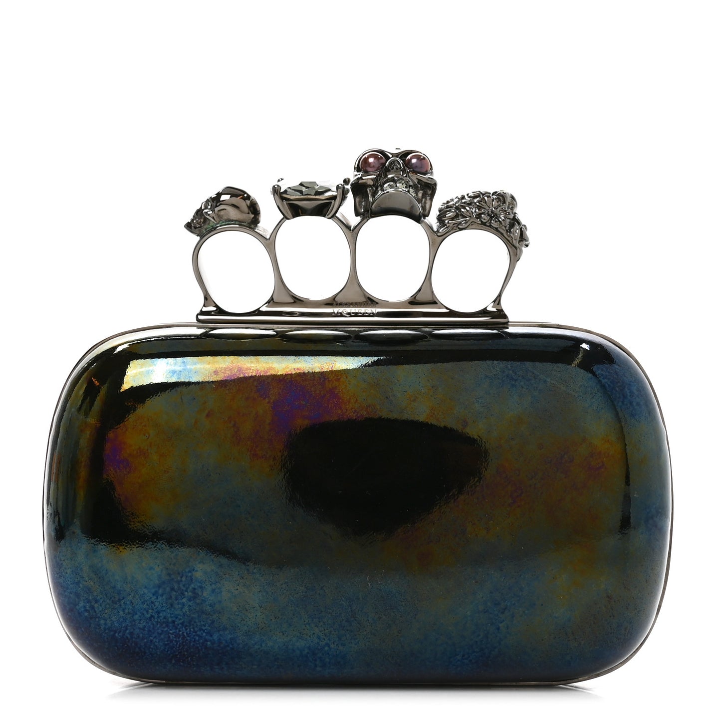 Patent Skull Knuckle Oil Slick Duster Box Clutch Multicolor