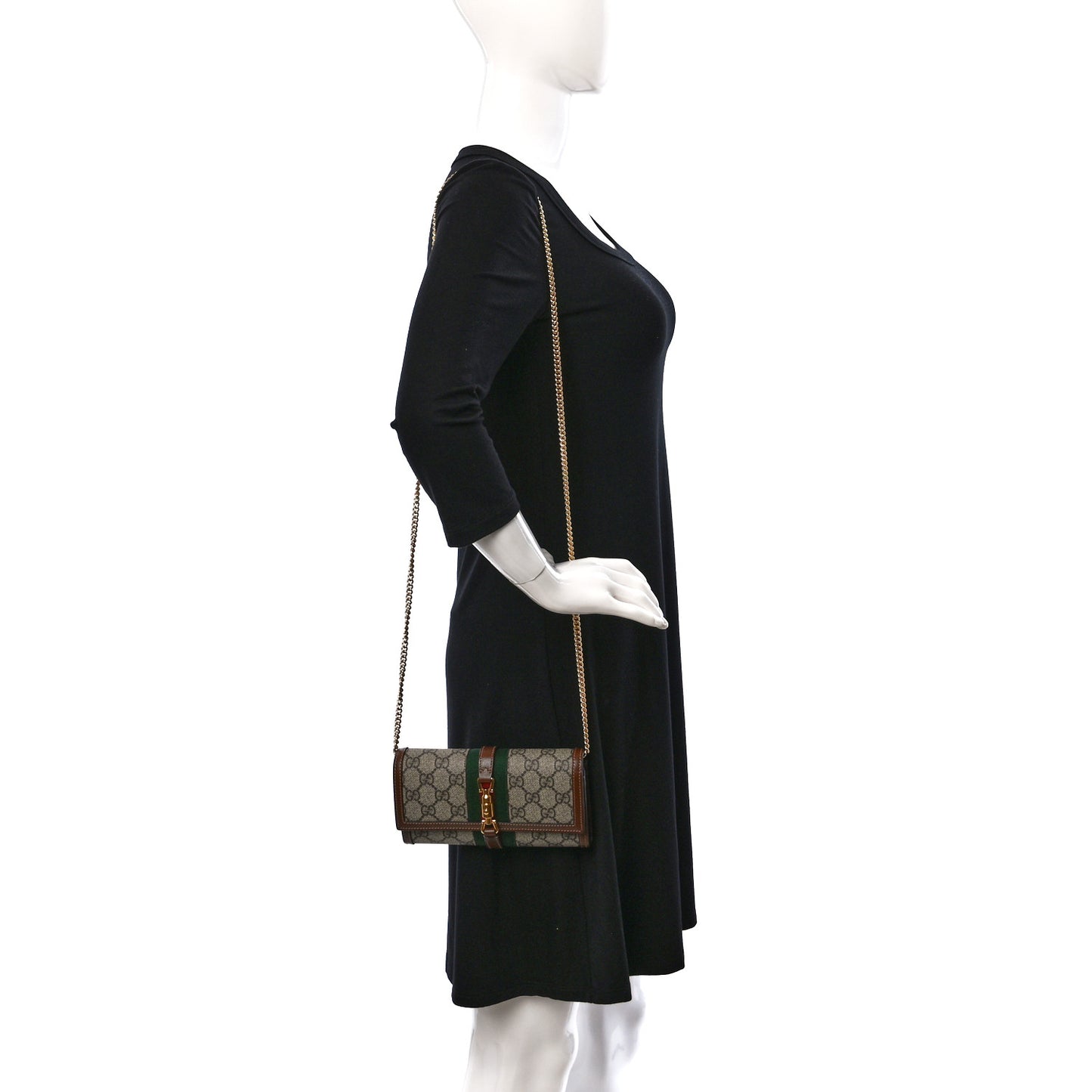 GG Supreme Monogram Azalea Calfskin Web Jackie 1961 Chain Wallet Beige Ebony Brown Sugar