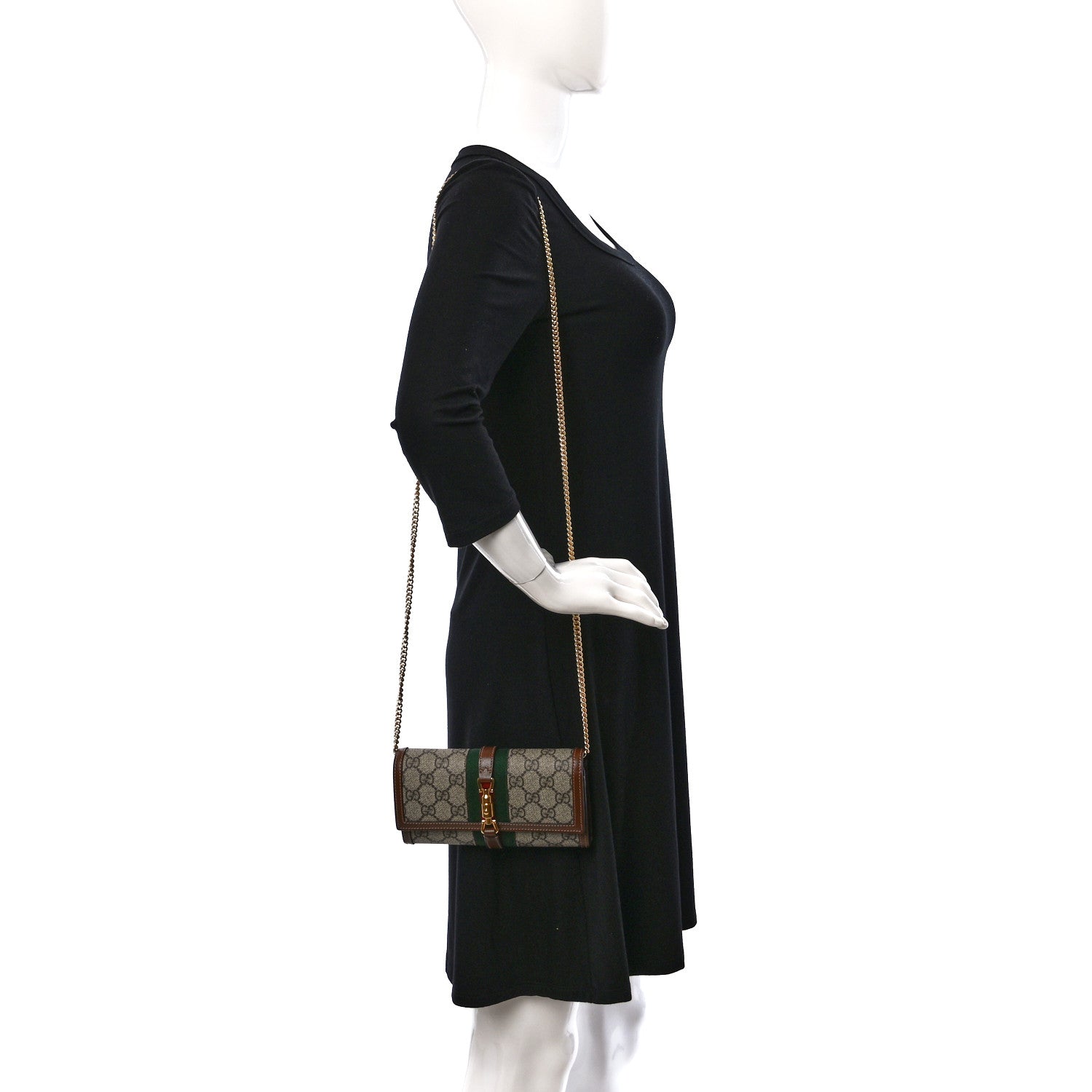 Gucci GG Supreme Monogram Azalea Calfskin Web Jackie 1961 Chain Wallet Beige Ebony Brown Sugar 2 of 8