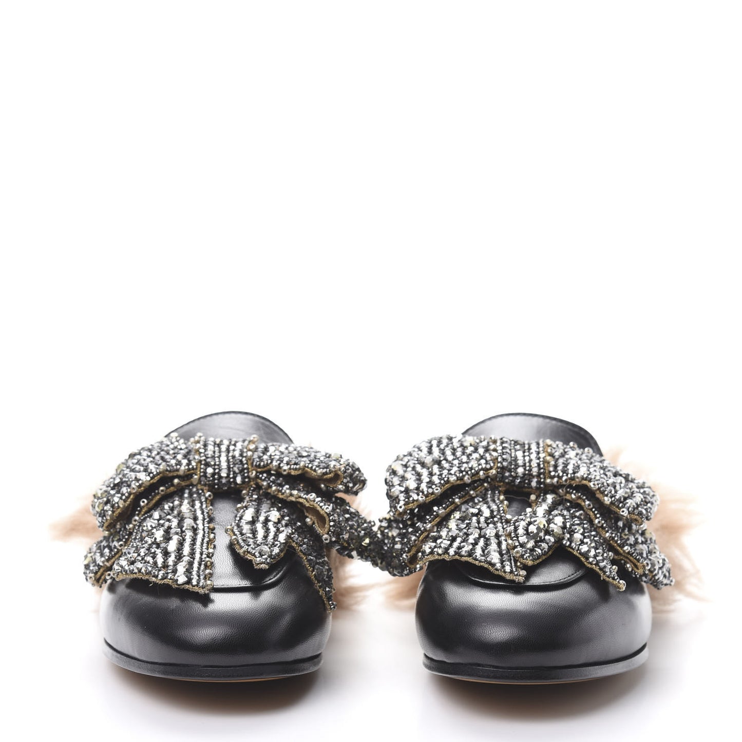 Malaga Kid Fur Crystal Bow Embroidered Womens Princetown Slippers 35.5 Black