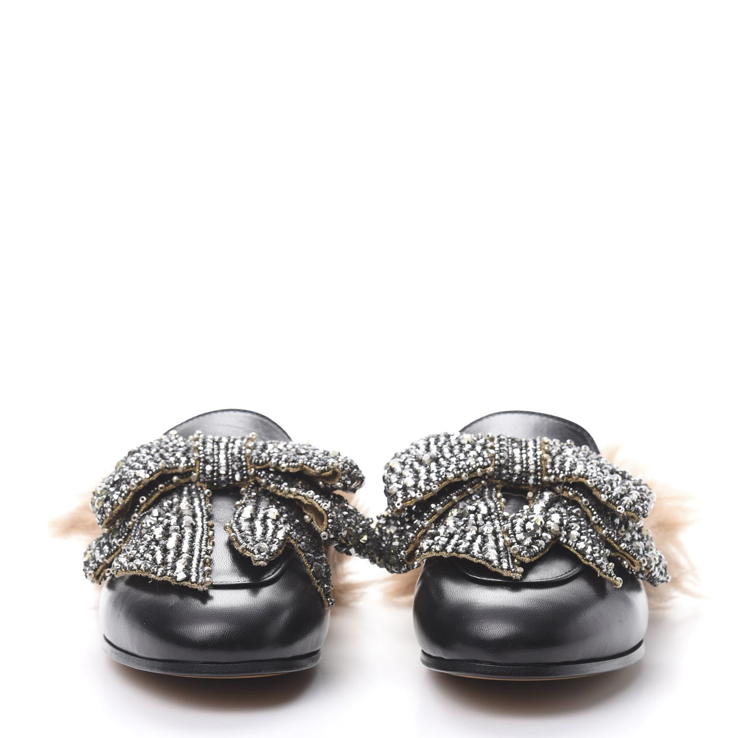 Gucci Malaga Kid Fur Crystal Bow Embroidered Womens Princetown Slippers 35.5 Black 2 of 11