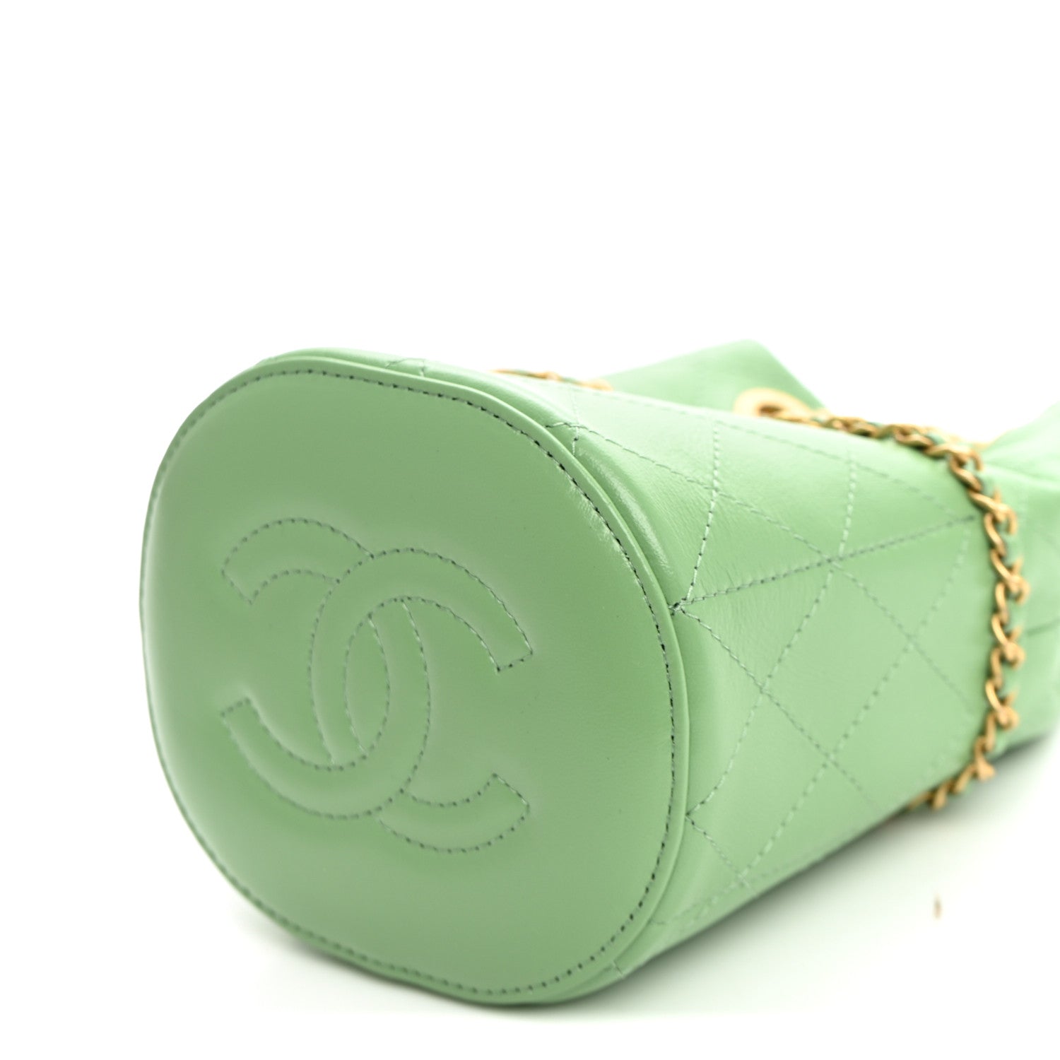 Chanel Shiny Lambskin Quilted Chain Around Drawstring Bucket Clutch With Chain Green 10 of 10