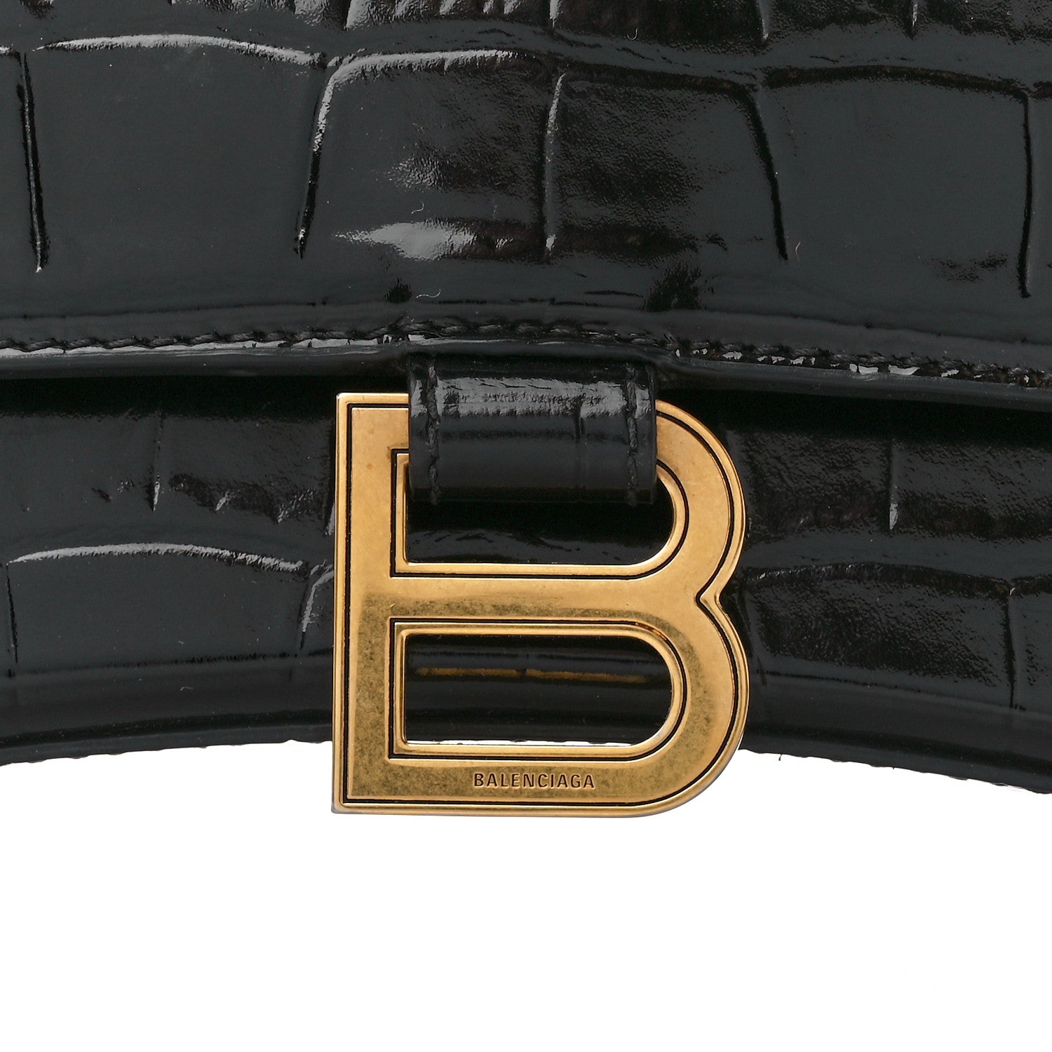 Balenciaga Shiny Calfskin Crocodile Embossed Small Hourglass Top Handle Bag Black 7 of 13