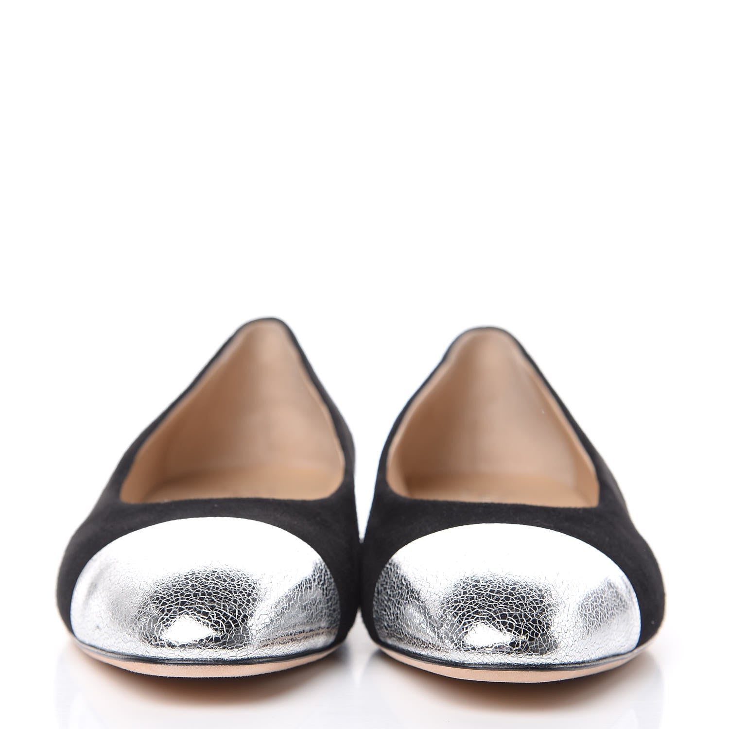 Chanel Kid Suede Metallic Lambskin Cap Toe Ballerina Flats 38.5 Silver Black 2 of 9