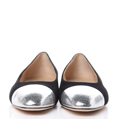 Chanel Kid Suede Metallic Lambskin Cap Toe Ballerina Flats 38.5 Silver Black 2 of 9