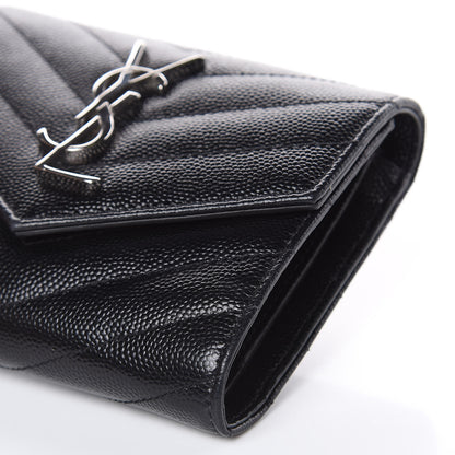 Saint Laurent Grain De Poudre Matelasse Chevron Monogram Compact Tri Fold Wallet Black 9 of 12