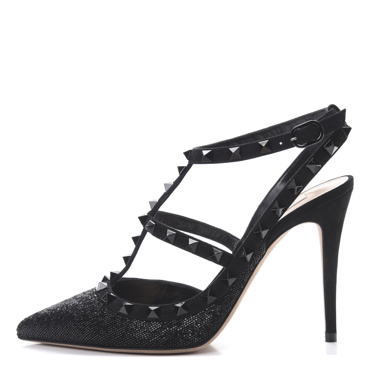 Suede Beaded Rockstud Ankle Strap 100mm Pumps 38 Black
