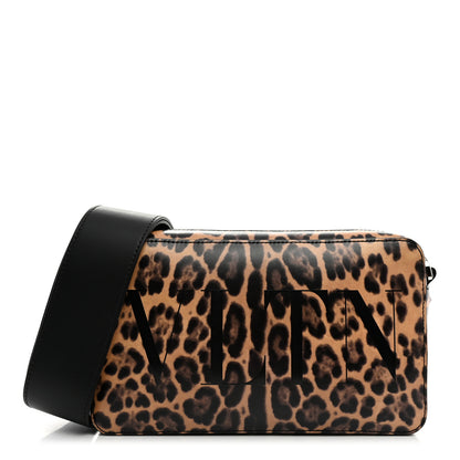 Valentino Garavani Calfskin Leopard VLTN Print Logo Crossbody Bag Tan Brown 1 of 9