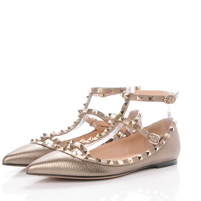 Valentino Garavani Metallic Pebbled Calfskin Rockstud Cage Ballerina Flats 39 Sasso 3 of 8