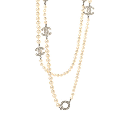 Chanel Graduated Pearl Crystal CC Long Necklace Silver 1 of 5