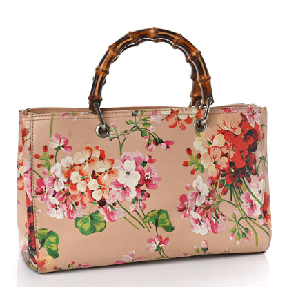 Gucci Shangai Calfskin Blooms Print Medium Bamboo Shopper Tote Pink Apricot Multicolor 3 of 9