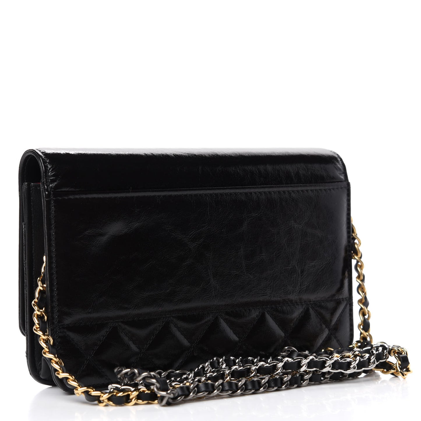 Shiny Aged Calfskin Quilted CC Wallet On Chain WOC Black
