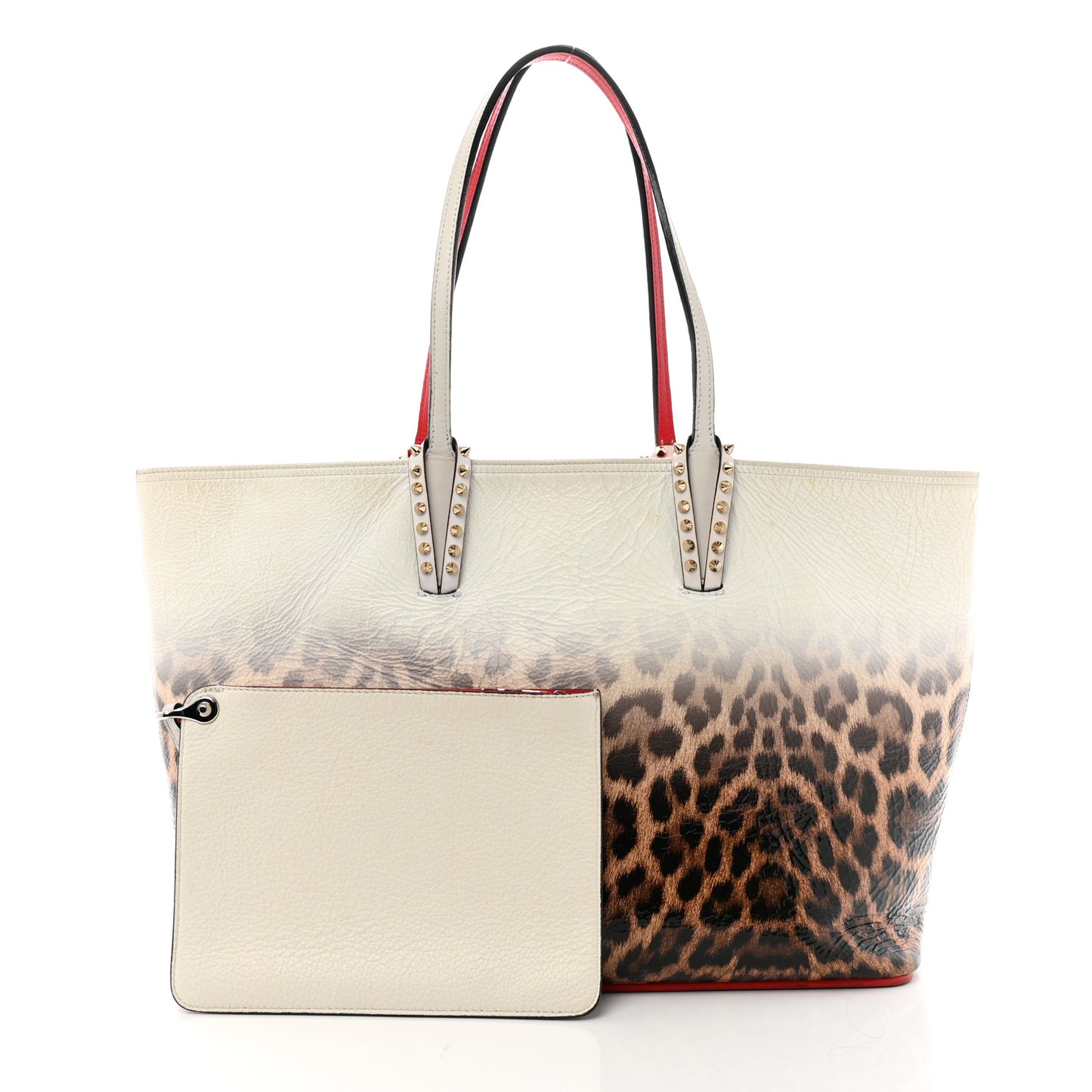 Calfskin Degrade Leopard Print Spikes East West Cabata Tote White Multi