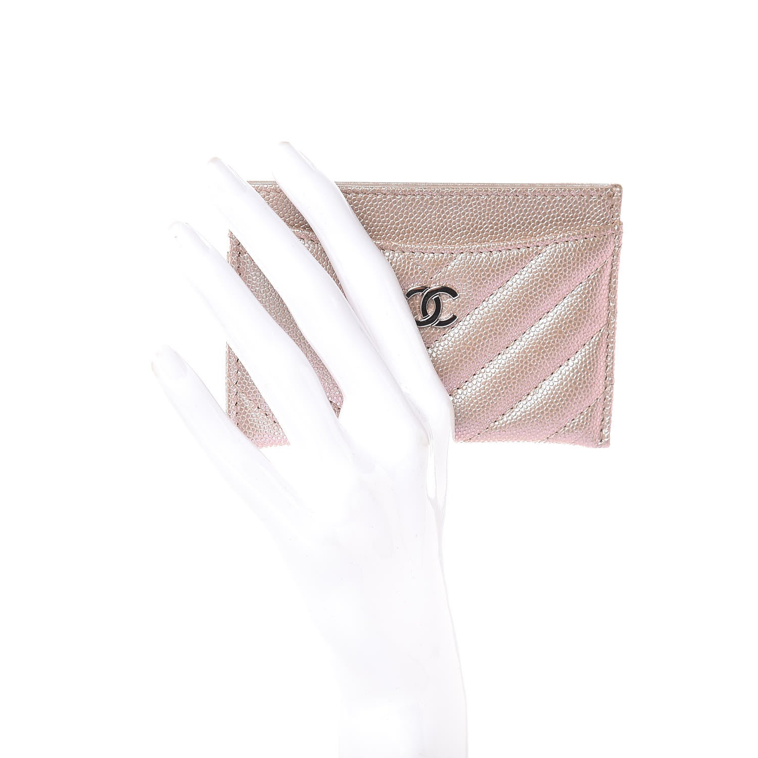 Chanel Metallic Caviar Chevron Quilted Card Holder Light Gold 2 of 13