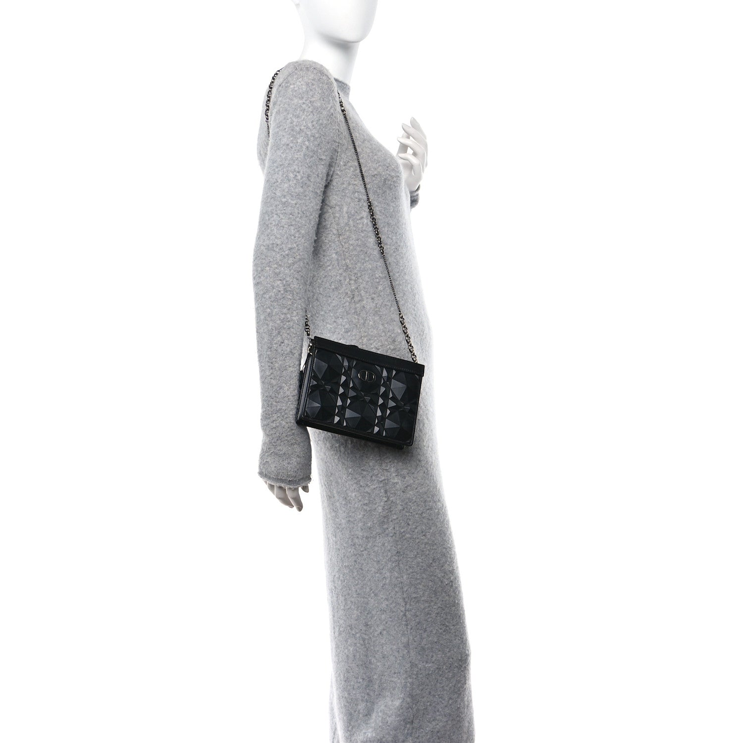 Christian Dior Calfskin Macrocannage Diamond Caro Zipped Pouch With Chain Black 2 of 11