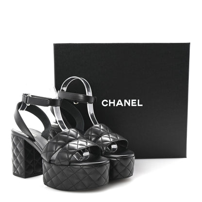 Chanel Lambskin Quilted Logo Platform Sandals 39 Black 10 of 10