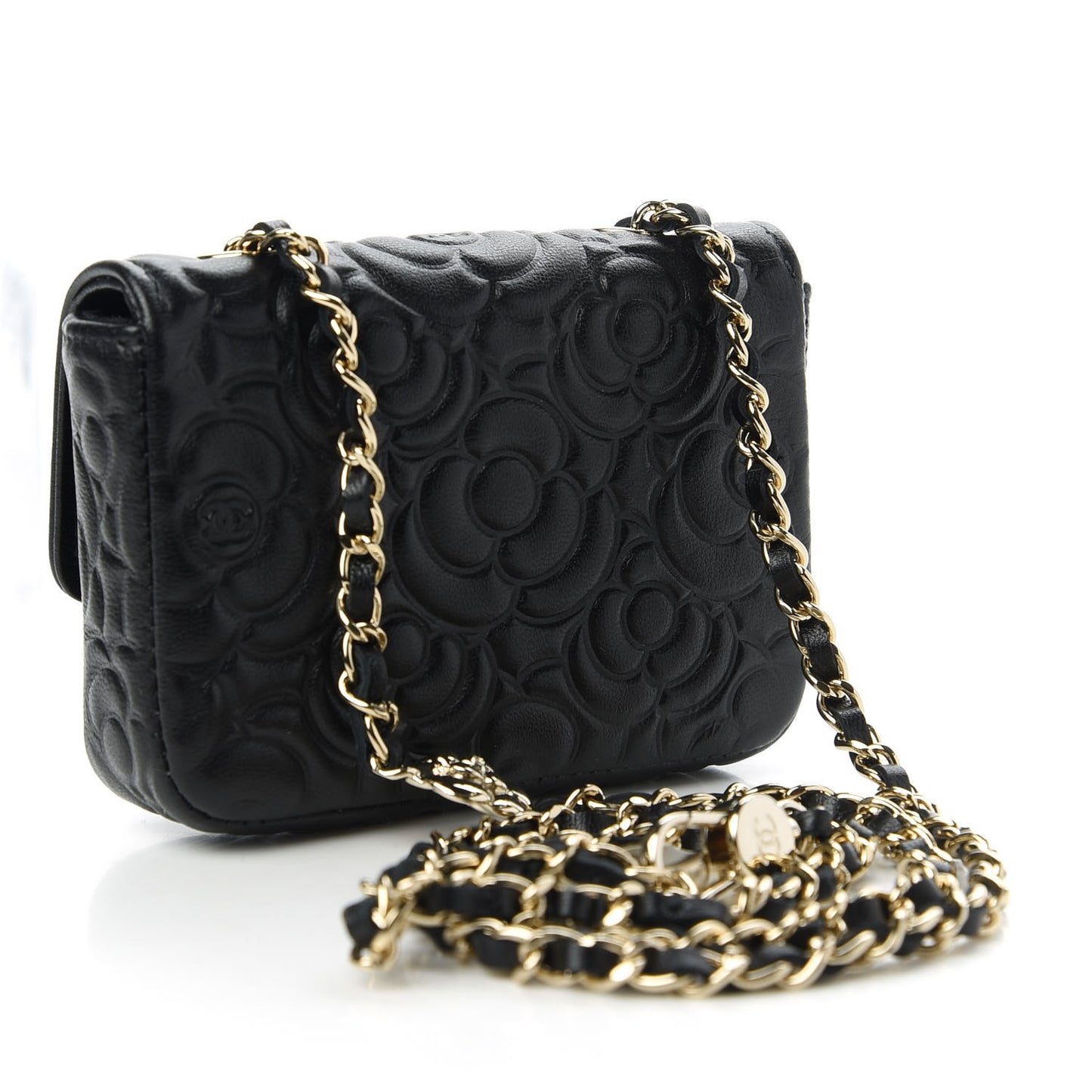 Lambskin Camellia Embossed Chain Belt Bag Black