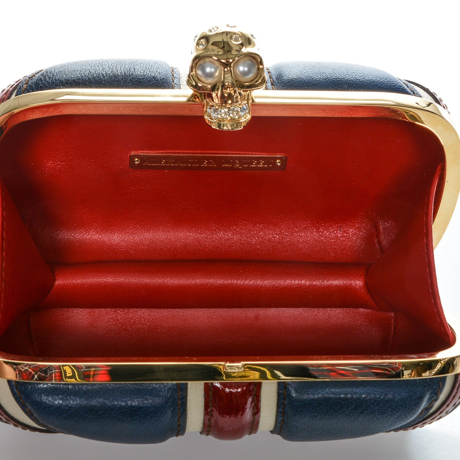 Alexander McQueen Patent Calfskin Britannia Skull Box Clutch Red Blue 5 of 7