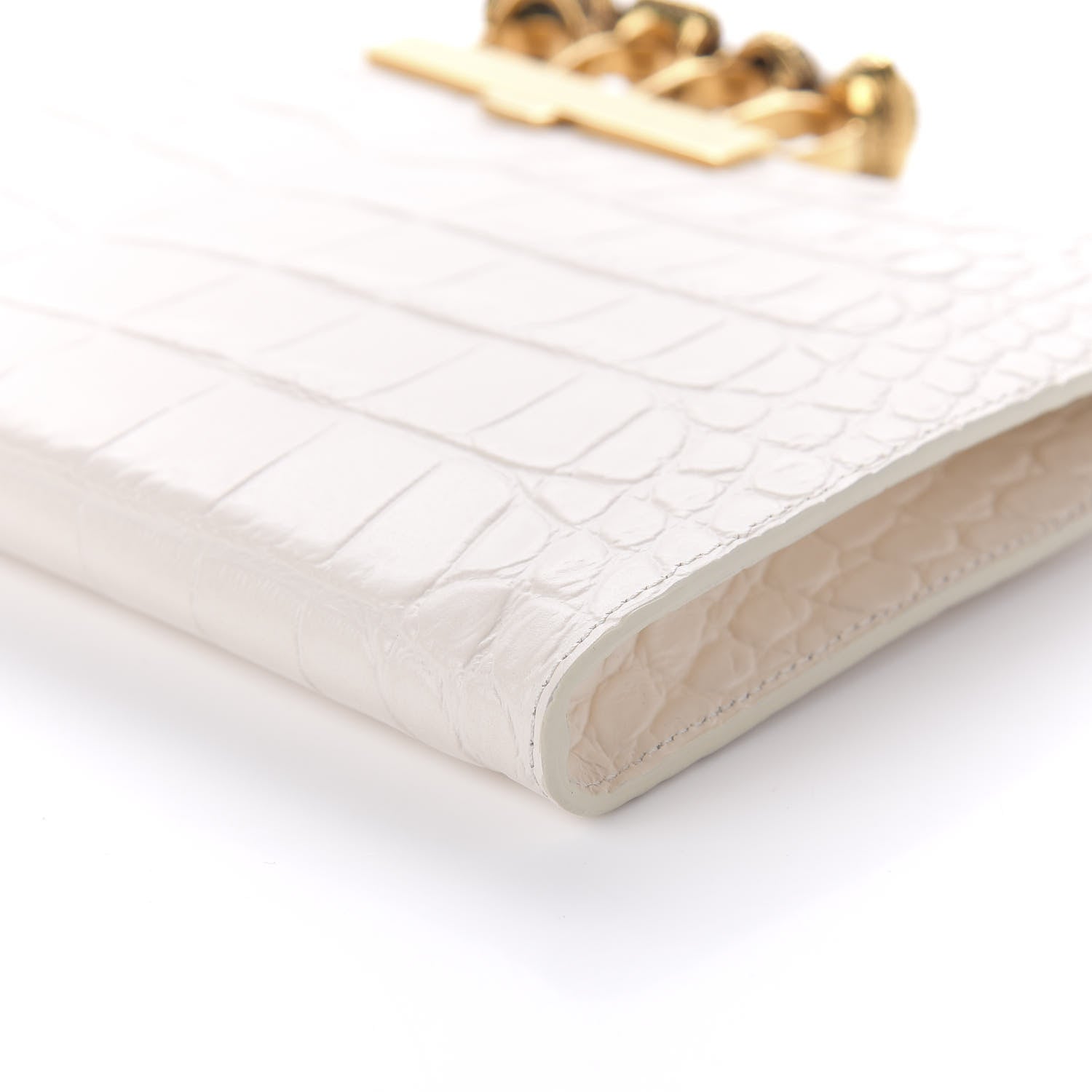 Alexander McQueen Calfskin Crocodile Embossed Knuckle Flat Clutch Off White Gold 7 of 10