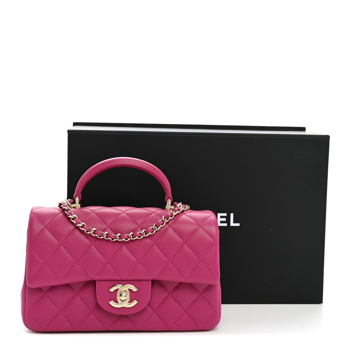 Lambskin Quilted Mini Top Handle Rectangular Flap Dark Pink