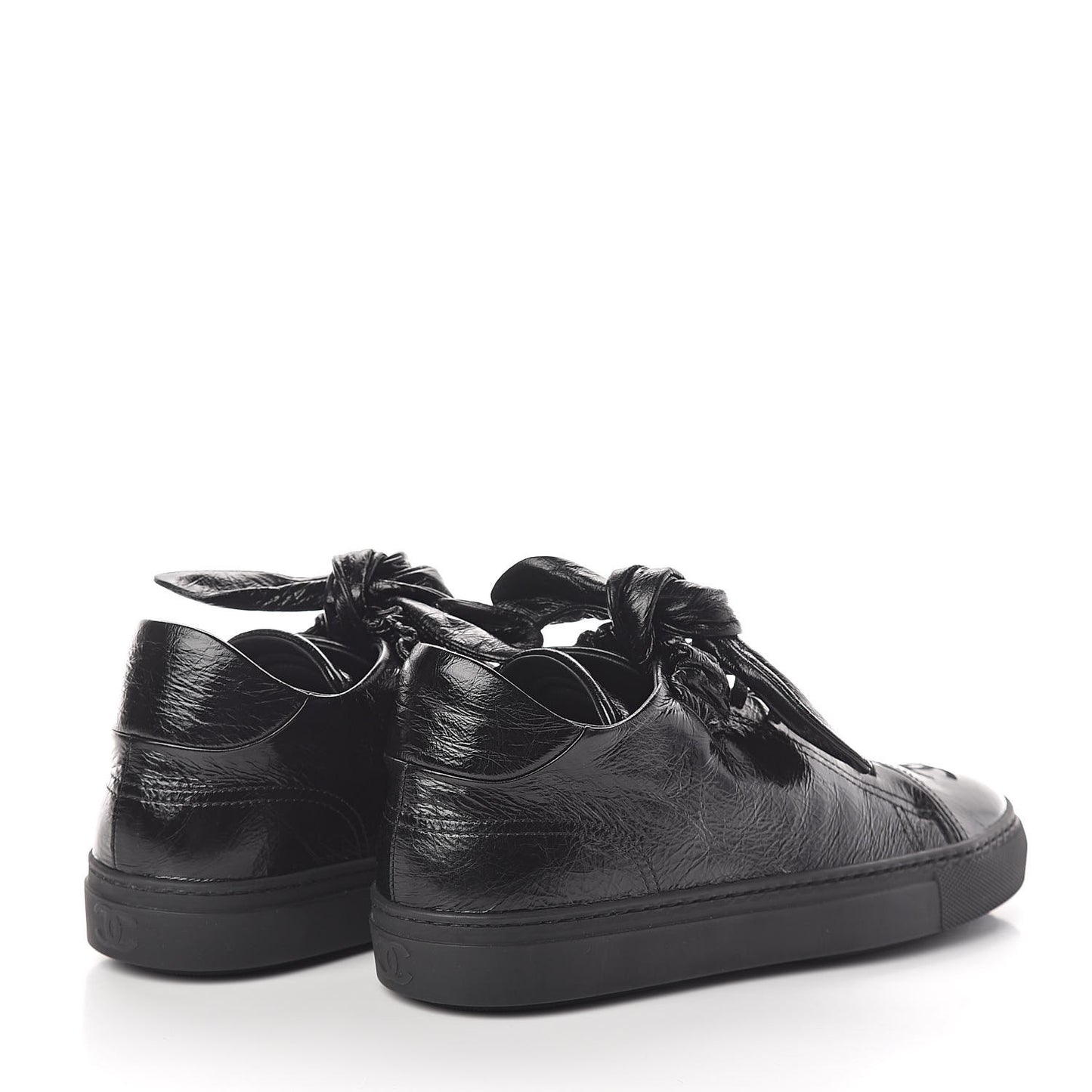 Crumpled Calfskin Womens CC Bow Sneakers 38.5 Black