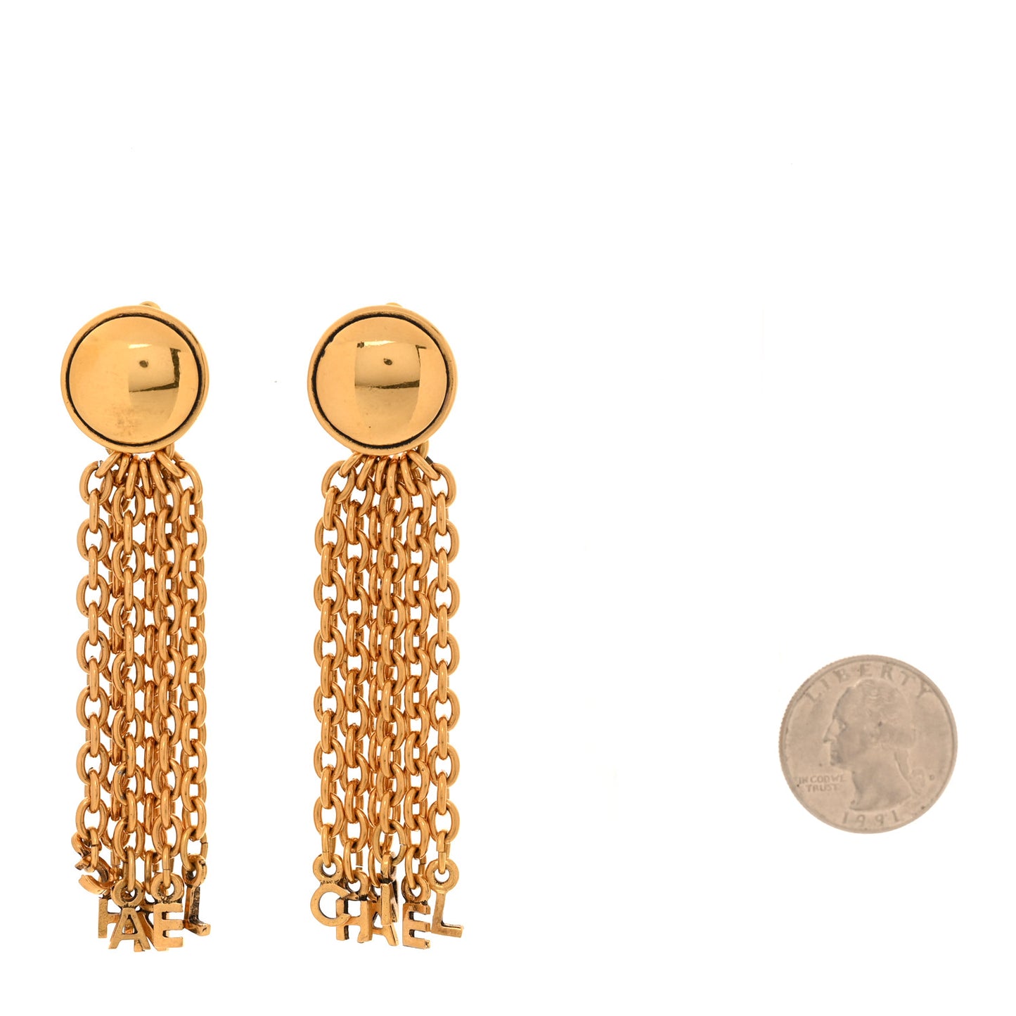 Metal Chain Logo Drop Clip On Earrings Gold