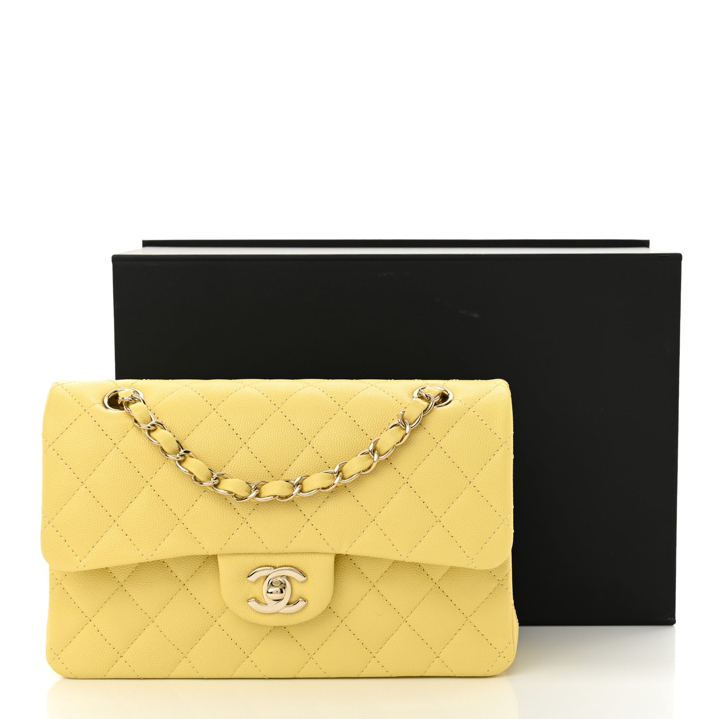 Caviar Quilted Small Double Flap Light Yellow