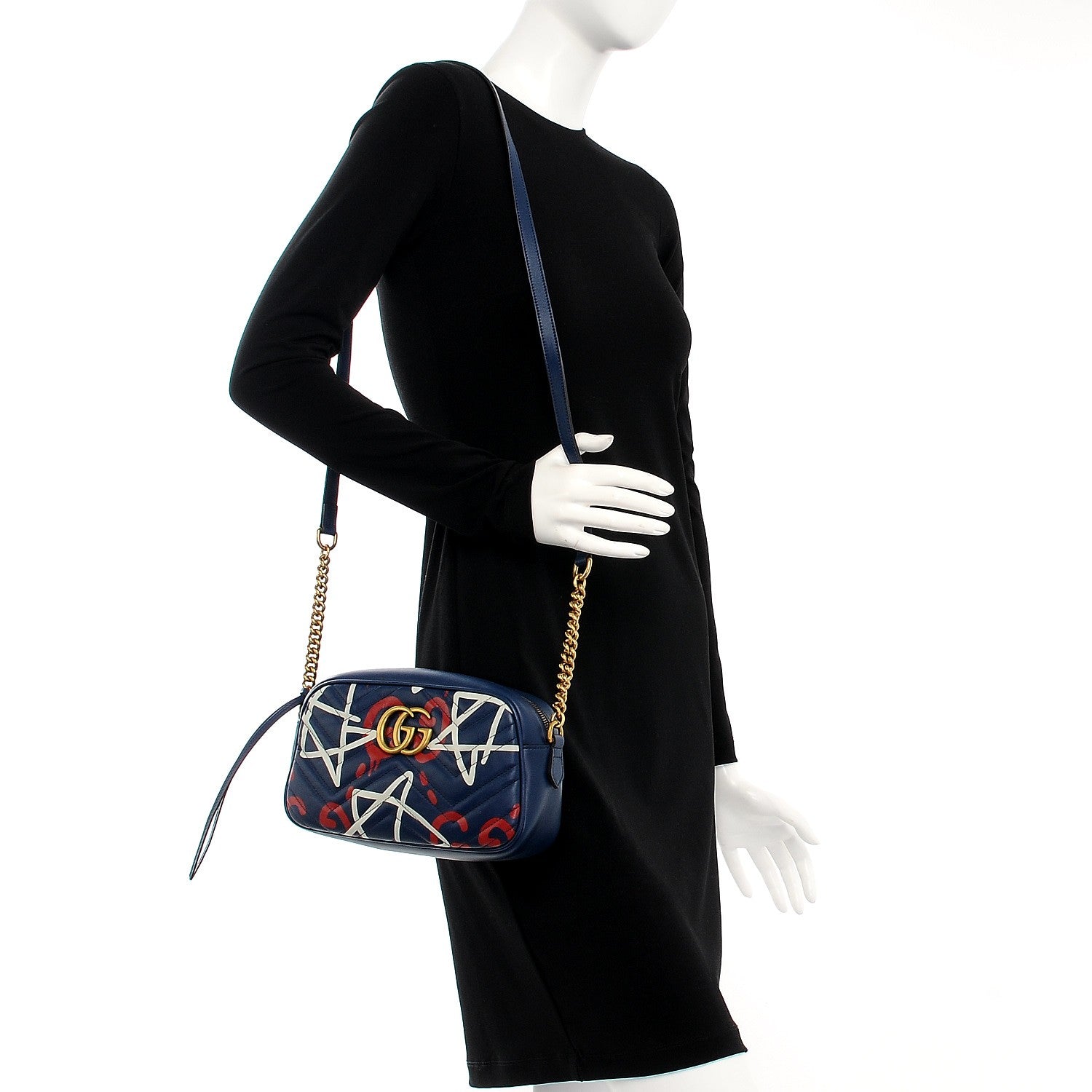 Gucci Calfskin Matelasse GucciGhost Small GG Marmont Chain Shoulder Bag Blue Agata Hibiscus Red 2 of 7