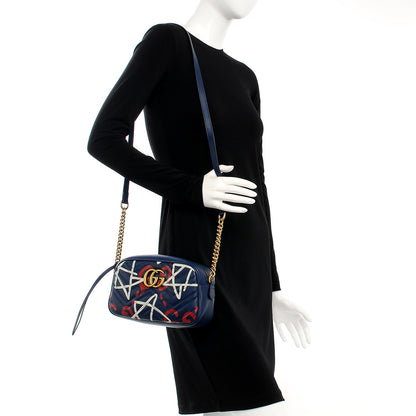 Gucci Calfskin Matelasse GucciGhost Small GG Marmont Chain Shoulder Bag Blue Agata Hibiscus Red 2 of 7