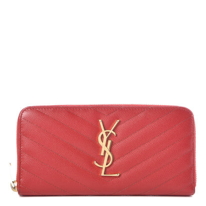 Saint Laurent Grain De Poudre Matelasse Chevron Monogram Zip Around Wallet Red 1 of 10