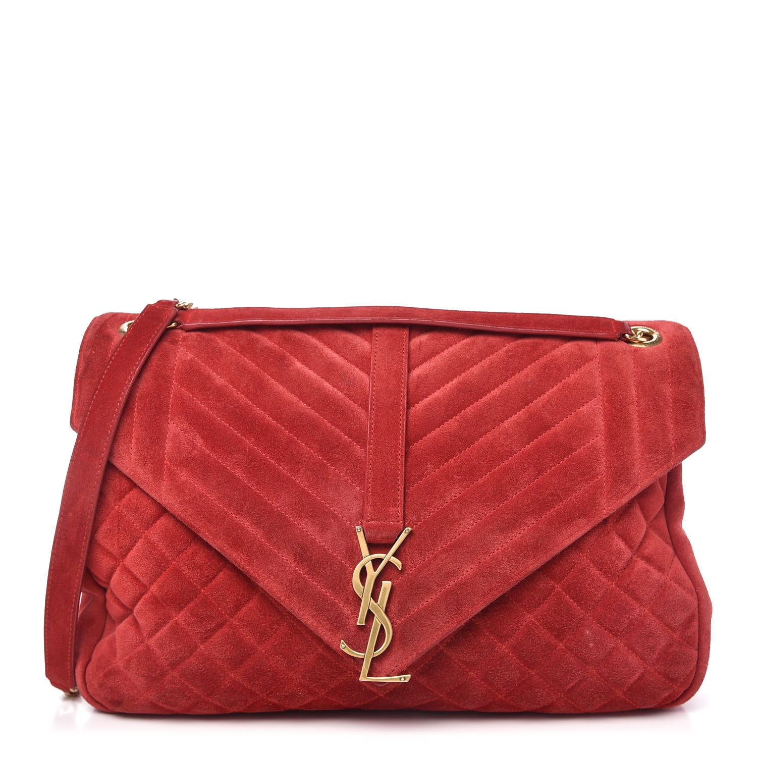 Saint Laurent Suede Mixed Matelasse Triquilt Large Monogram Envelope Satchel Red 1 of 10