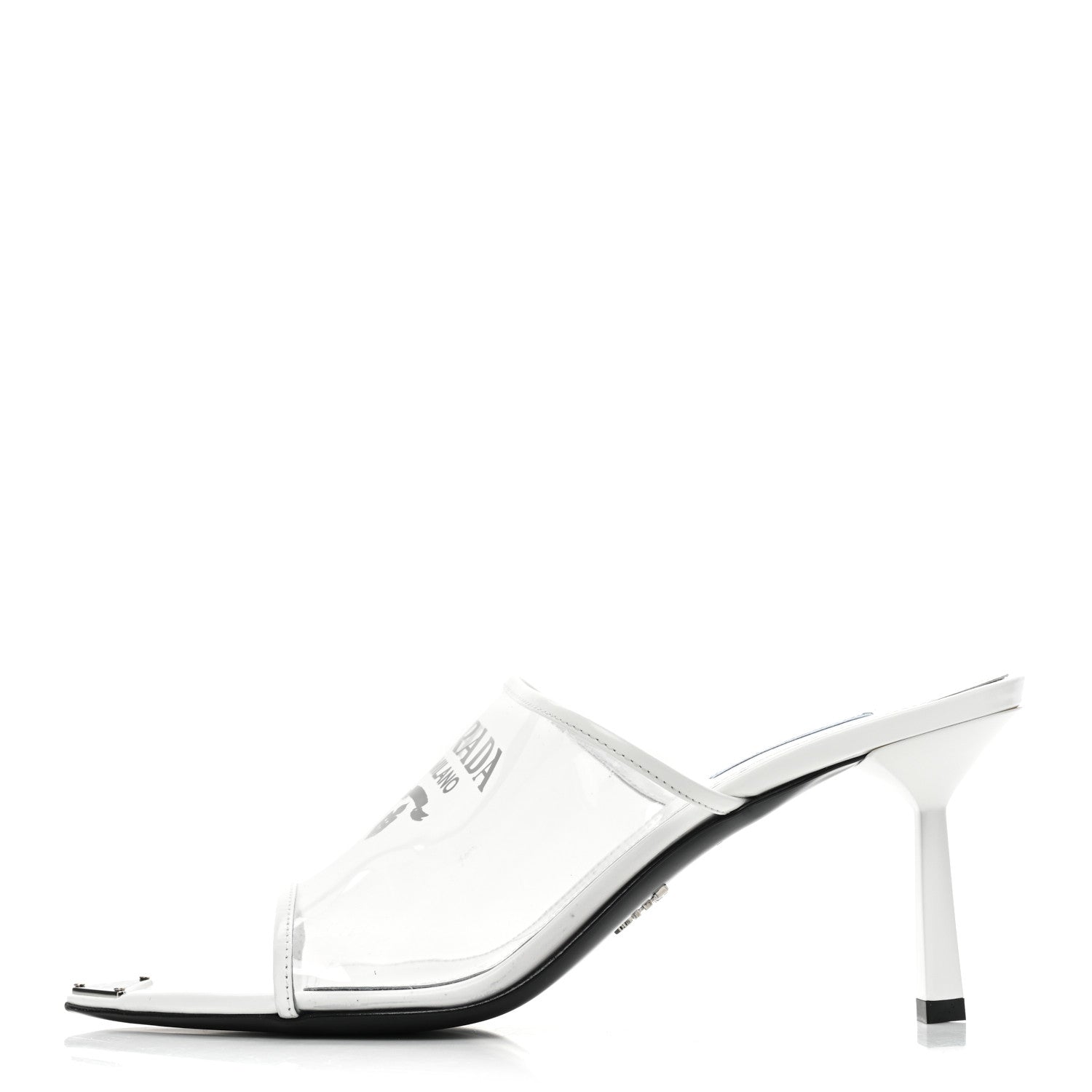 Prada Plexiglass Calfskin Metal Triangle Logo 75mm Slide Sandals 39.5 White 1 of 11