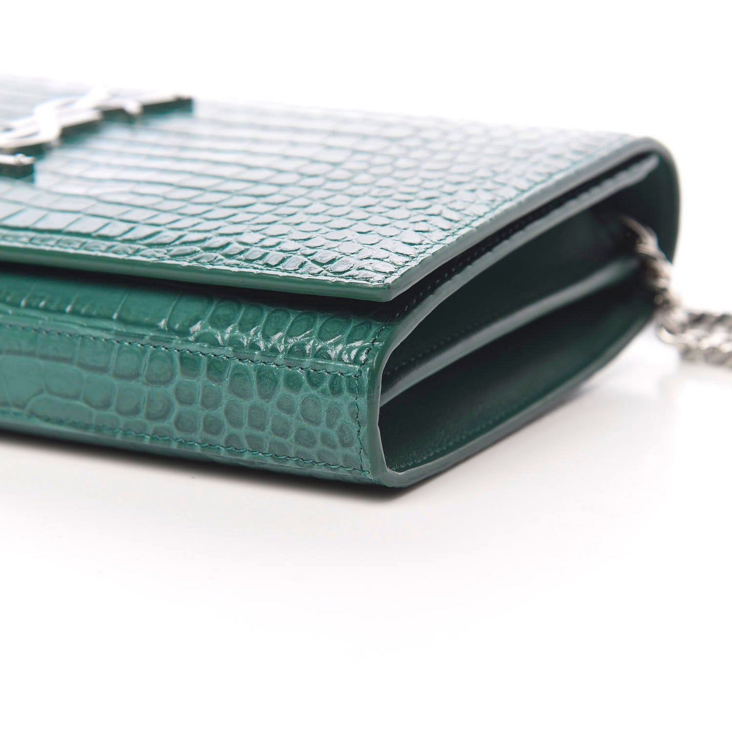 Calfskin Crocodile Embossed Monogram Chain Wallet Water Green