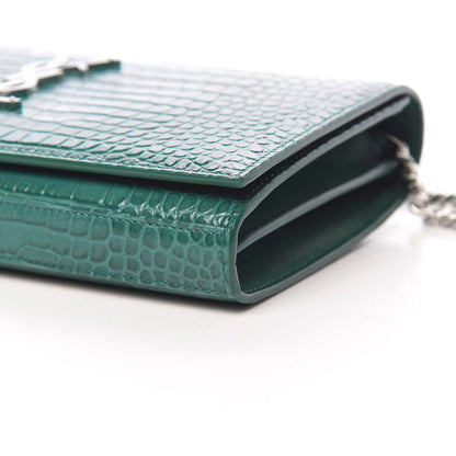 Saint Laurent Calfskin Crocodile Embossed Monogram Chain Wallet Water Green 7 of 11