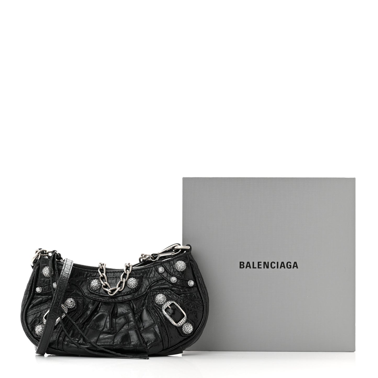 Extra Supple Calfskin Crystal Crocodile Embossed Le Cagole Mini Purse With Chain Black
