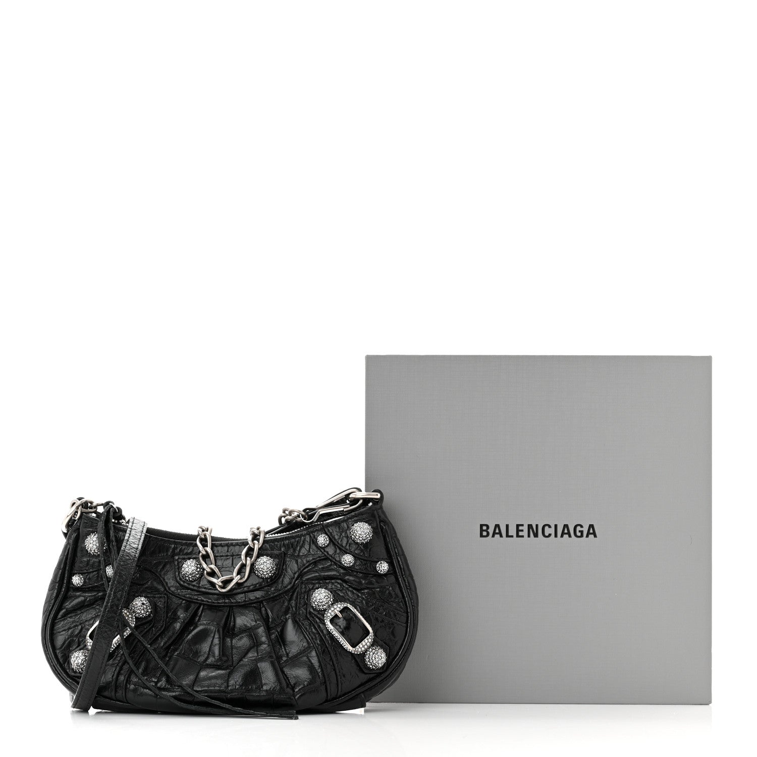 Balenciaga Extra Supple Calfskin Crystal Crocodile Embossed Le Cagole Mini Purse With Chain Black 12 of 12