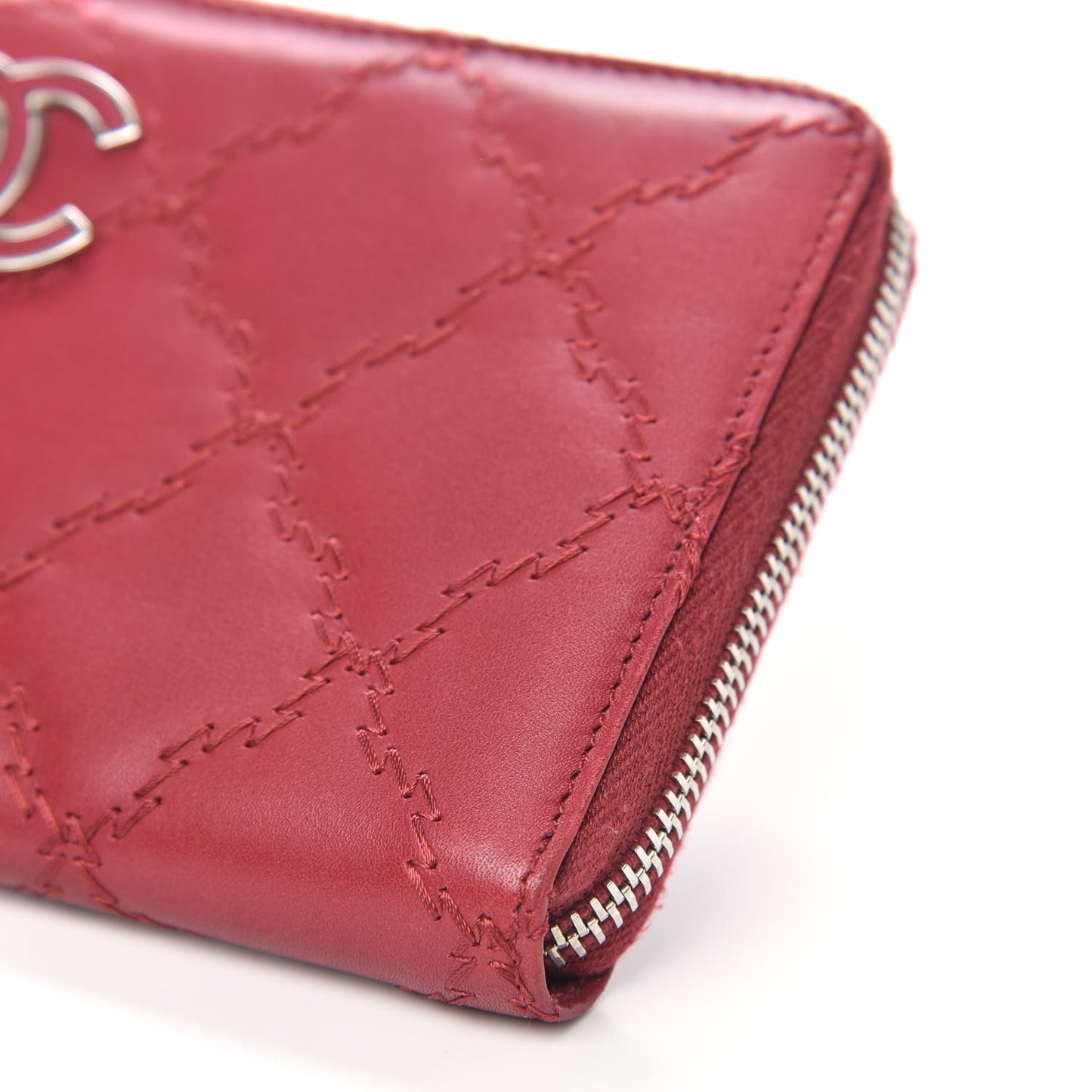 Calfskin Double Stitch Hamptons Zip Around Wallet Red
