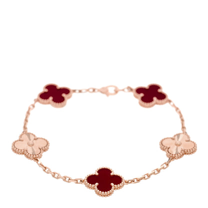 Van Cleef & Arpels 18K Rose Gold Carnelian 5 Motifs Guilloche Vintage Alhambra Bracelet 1 of 6