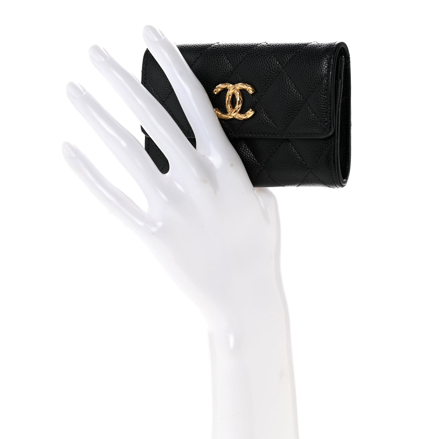 Caviar Quilted Chain CC Quilted Compact Flap Card Holder Black