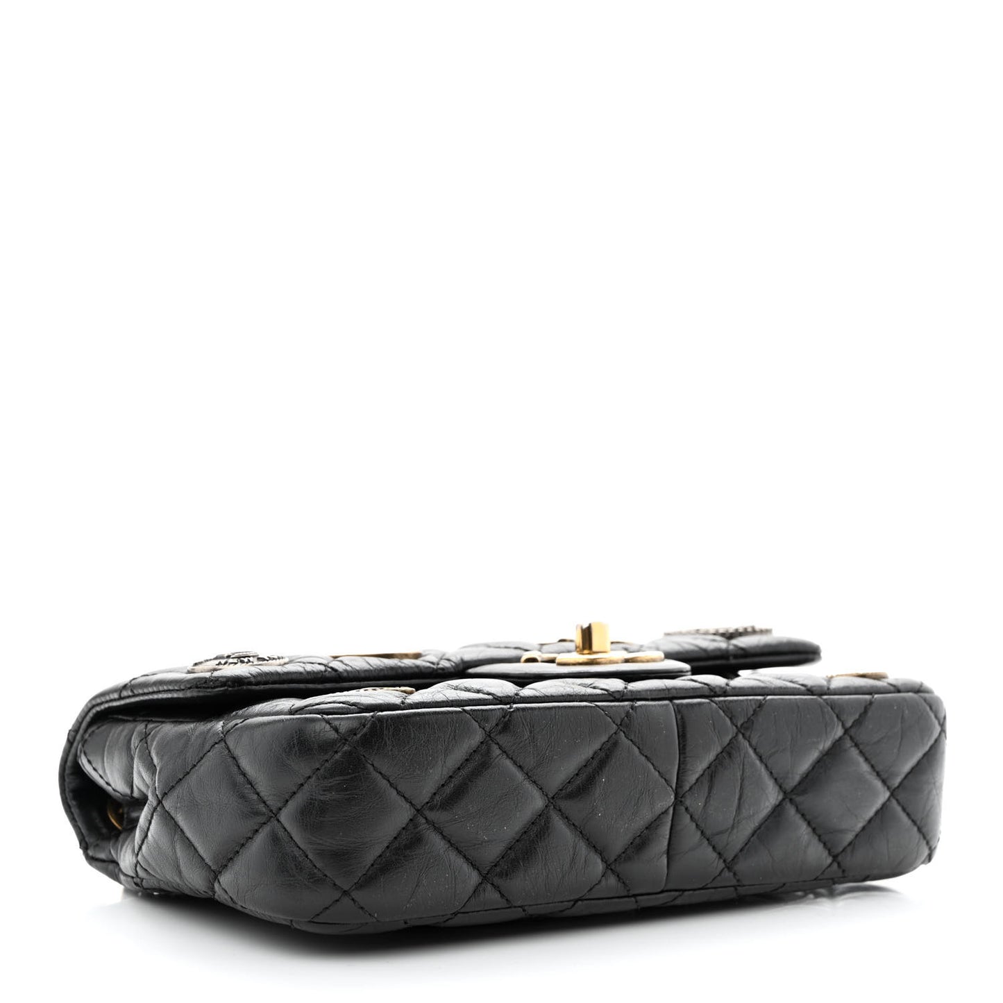 Aged Calfskin Quilted Mini Medallion Flap Black