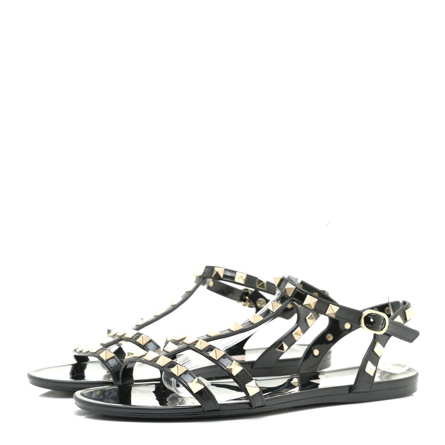 Patent Rockstud T-Strap Slingback Flat Sandals 38 Black