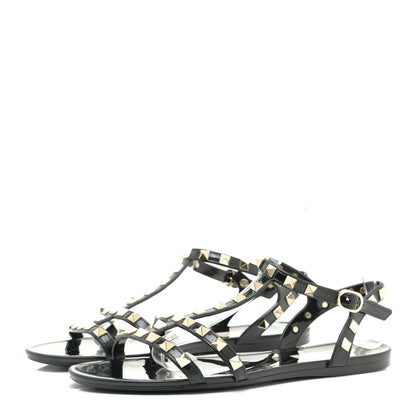 Valentino Garavani Patent Rockstud T-Strap Slingback Flat Sandals 38 Black 3 of 7