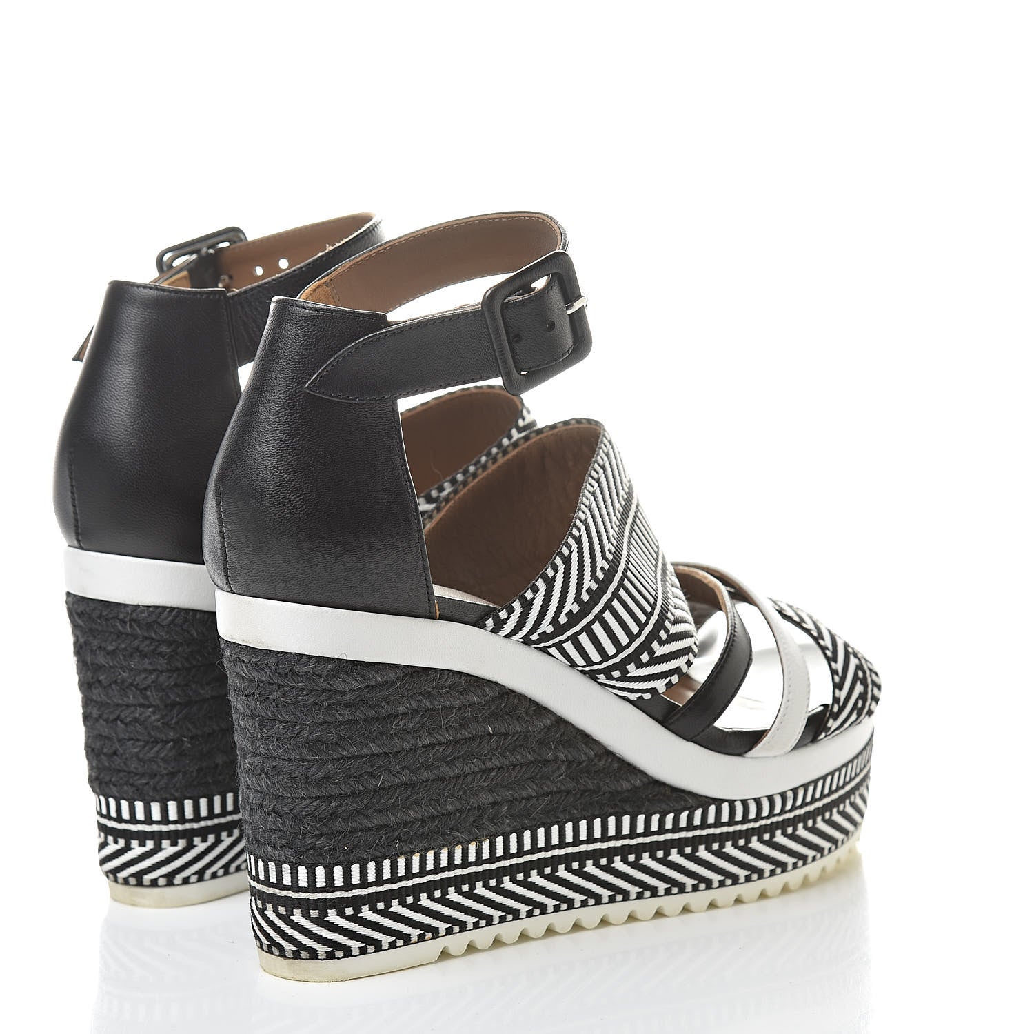Hermes Toile Swift Roma Espadrille Wedge Sandals 37.5 Black White 4 of 8