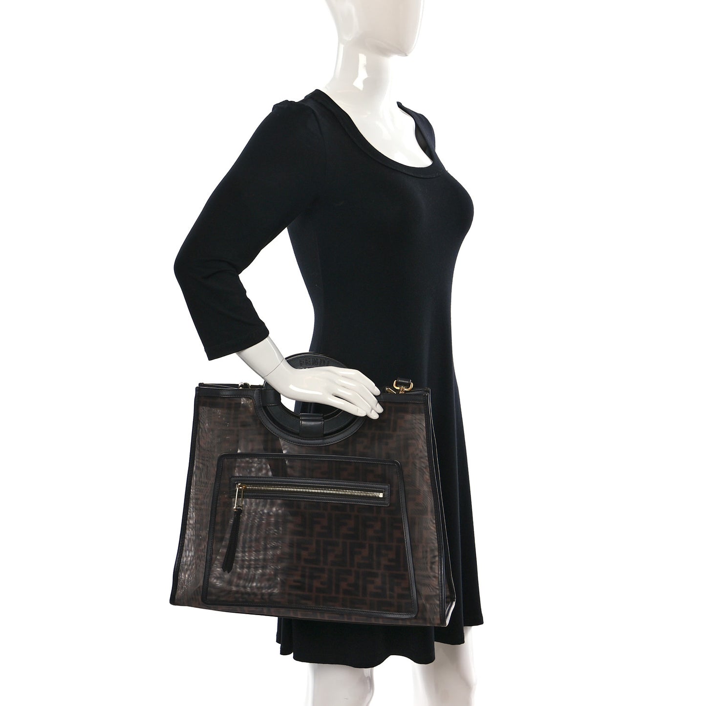 Mesh Vitello Century Cuoio FF 1974 Medium Runaway Shopper Tote Marrone Black Ebano