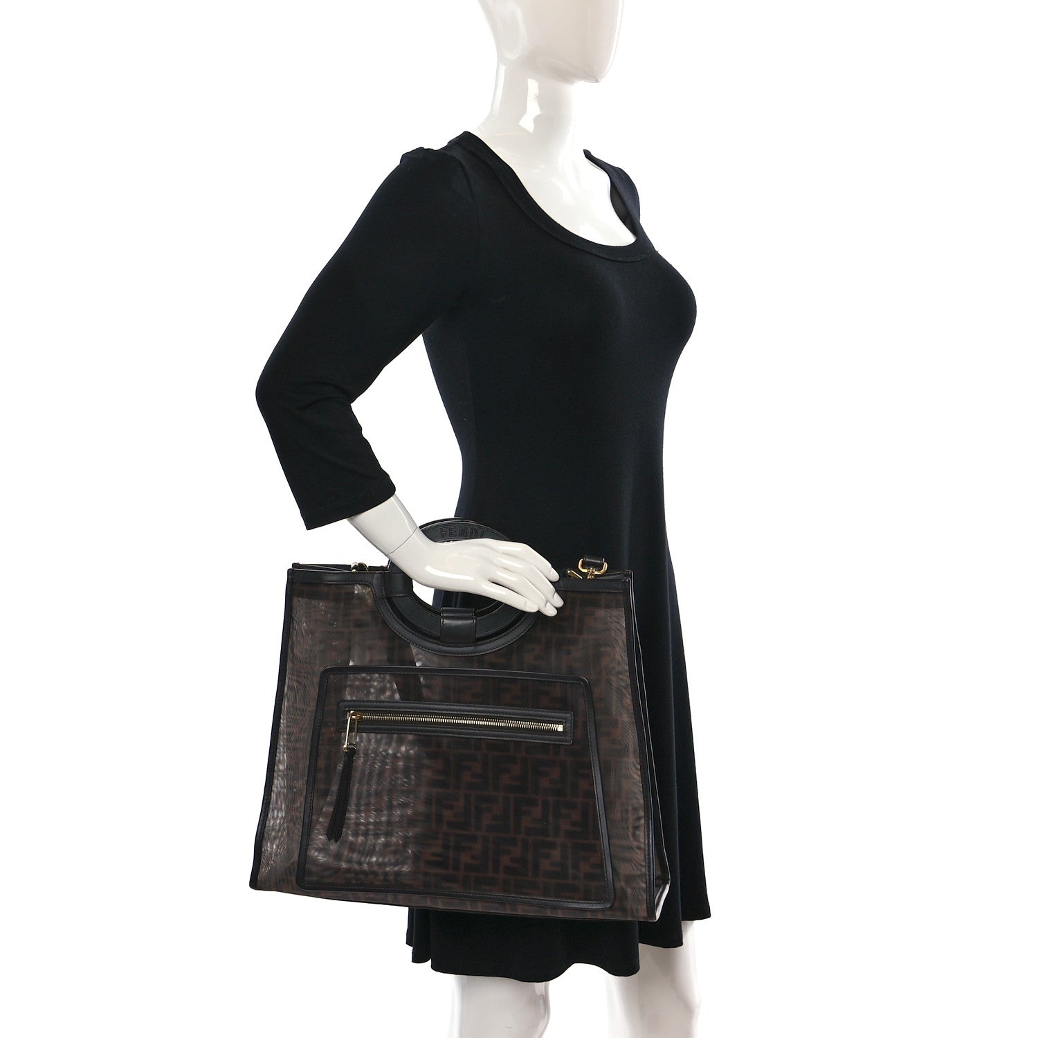 Fendi Mesh Vitello Century Cuoio FF 1974 Medium Runaway Shopper Tote Marrone Black Ebano 3 of 13