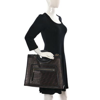 Fendi Mesh Vitello Century Cuoio FF 1974 Medium Runaway Shopper Tote Marrone Black Ebano 3 of 13