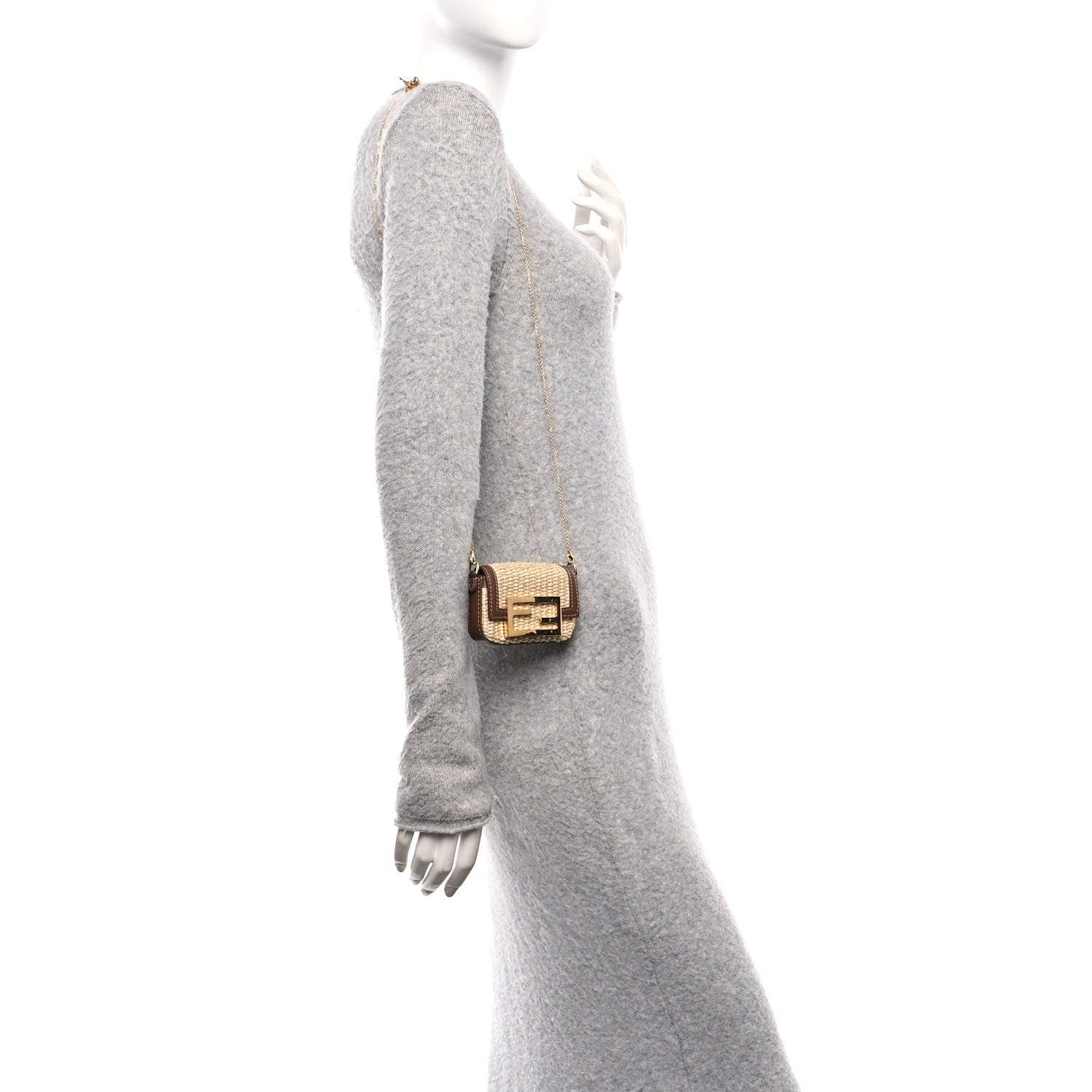 Fendi Macrame Crochet Vitello Grace Nano Maxi Buckle Baguette Charm Natural Gianduia 3 of 17